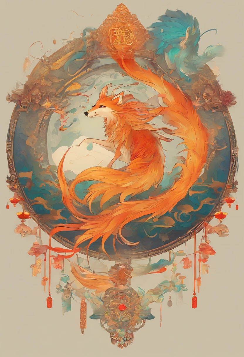 mythological creatures,((Chinese mythology of the nine-tailed fox)),Traditional Chinese elements,Ancient murals,Illustrative myths,Fuyao Legend,Dappled light,Hazy haze,mystical aura,tmasterpiece,k hd,Rich in color,Detailed details,Seven colors