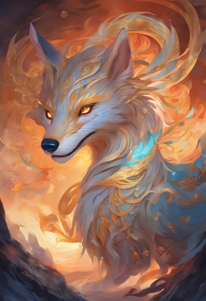 mythological creatures,((Chinese mythology of the nine-tailed fox)),Traditional Chinese elements,Ancient murals,Illustrative myths,Fuyao Legend,Dappled light,Hazy haze,mystical aura,tmasterpiece,k hd,Rich in color,Detailed details,Seven colors