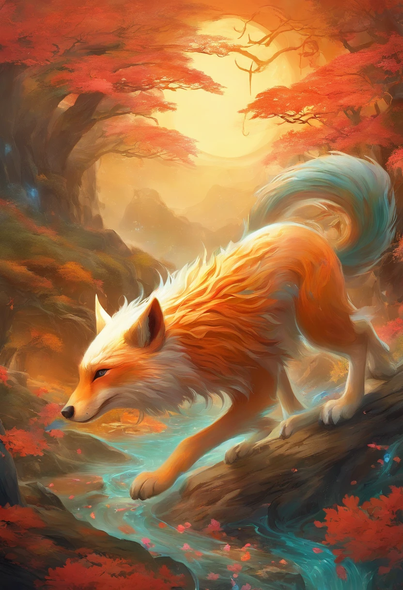 mythological creatures，（（Chinese mythology of the nine-tailed fox）），Traditional Chinese elements，Ancient murals，Illustrative myths，Fuyao Legend，Dappled light，Hazy haze，mystical aura，tmasterpiece，k hd，Rich in color，Detailed details，Seven colors