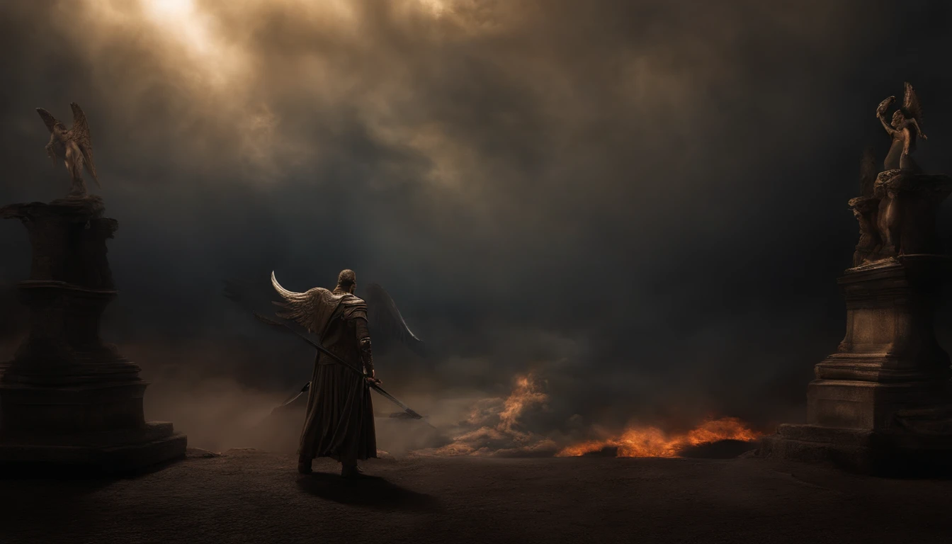 A imagem dos anjos de Deus，Standing in hell with sword in hand, Anjos no inferno, Arcanjo, angels vs demons, Angel Observes Demon, angels and demons, Anjos protegem as pessoas, Arcanjo Miguel, Anjo da Morte, Battle between angels and demons, Anjo super largo, epic angel wings, Os anjos protegem aqueles, Aqueles que rezam, O homem precisa de anjo da morte. ((Epic image)), ((alta qualidade)), 16k