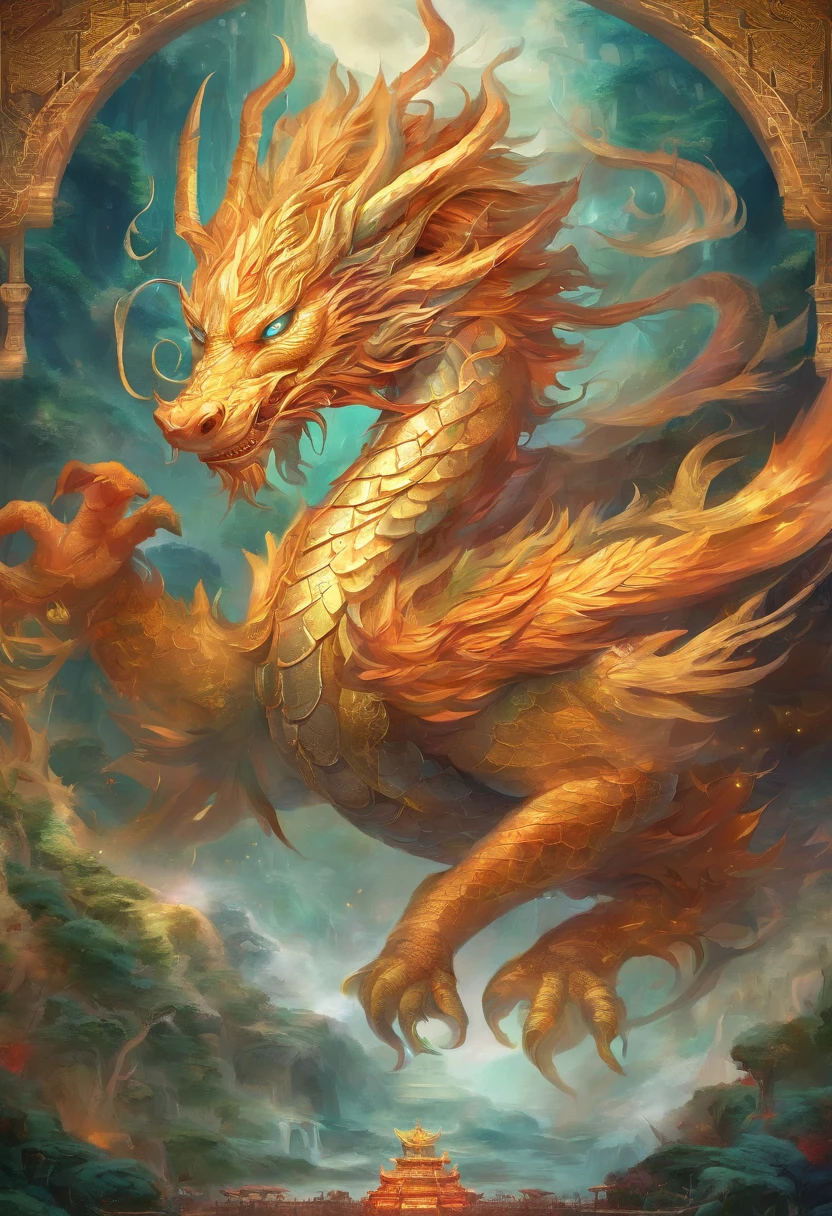 mythological creatures，（（Chinese mythological dragon）），Traditional Chinese elements，Ancient murals，Illustrative myths，Fuyao Legend，Dappled light，Hazy haze，mystical aura，tmasterpiece，k hd，Rich in color，Detailed details，Seven colors