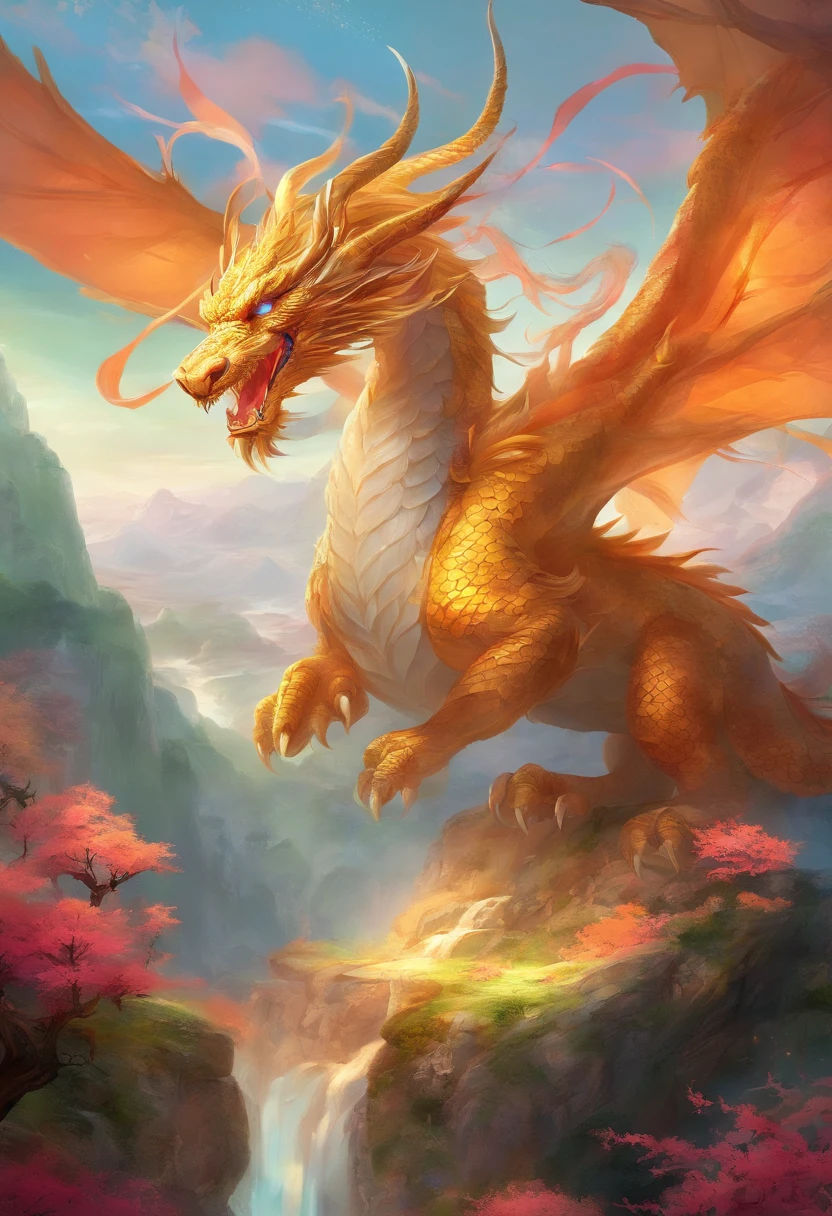 mythological creatures,((Chinese mythological dragon)),Traditional Chinese elements,Ancient murals,Illustrative myths,Fuyao Legend,Dappled light,Hazy haze,mystical aura,tmasterpiece,k hd,Rich in color,Detailed details,Seven colors