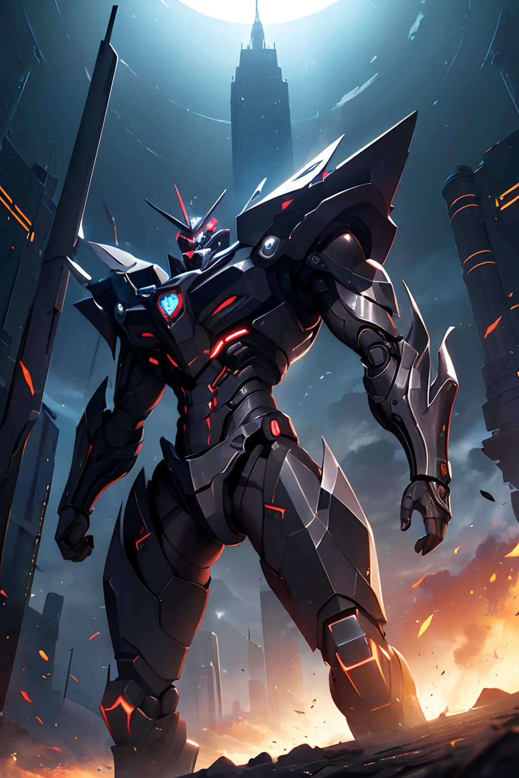 (La mejor calidad, Ultra detallado, realista:1.37), 1hombre, cabello negro, pelo corto, ojos negros,ojuelos, gafas, cara seria, Robotic suit, Traje militar,Cuchilla de plasma, Intensa escena de batalla, chispas volando, dynamic pose, fondo oscuro, Dramatic lighting, Epic atmosphere, Futuristic setting, Misiles.