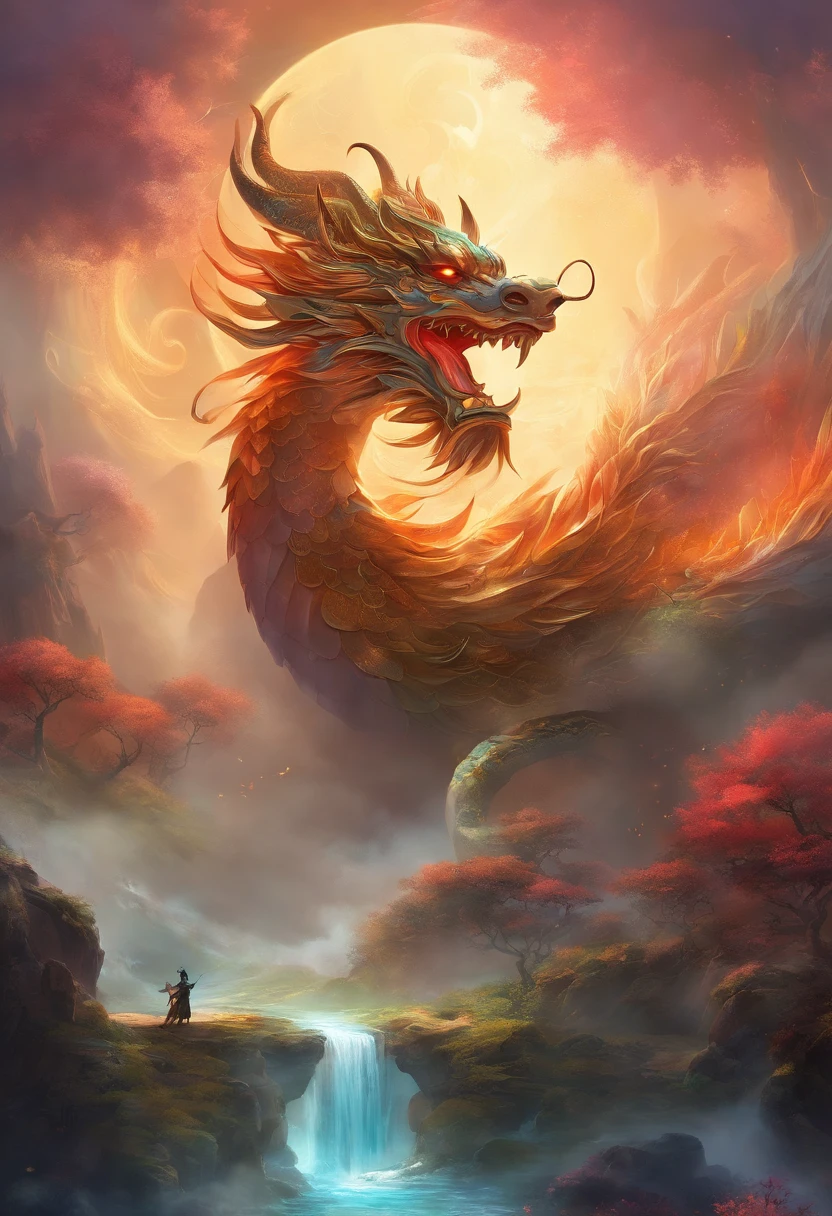 mythological creatures，（（Chinese mythological dragon）），Traditional Chinese elements，Ancient murals，Illustrative myths，Fuyao Legend，Dappled light，Hazy haze，mystical aura，tmasterpiece，k hd，Rich in color，Detailed details，Seven colors