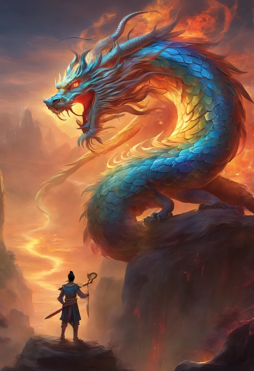 mythological creatures,((Chinese mythological dragon)),Traditional Chinese elements,Ancient murals,Illustrative myths,Fuyao Legend,Dappled light,Hazy haze,mystical aura,tmasterpiece,k hd,Rich in color,Detailed details,Seven colors