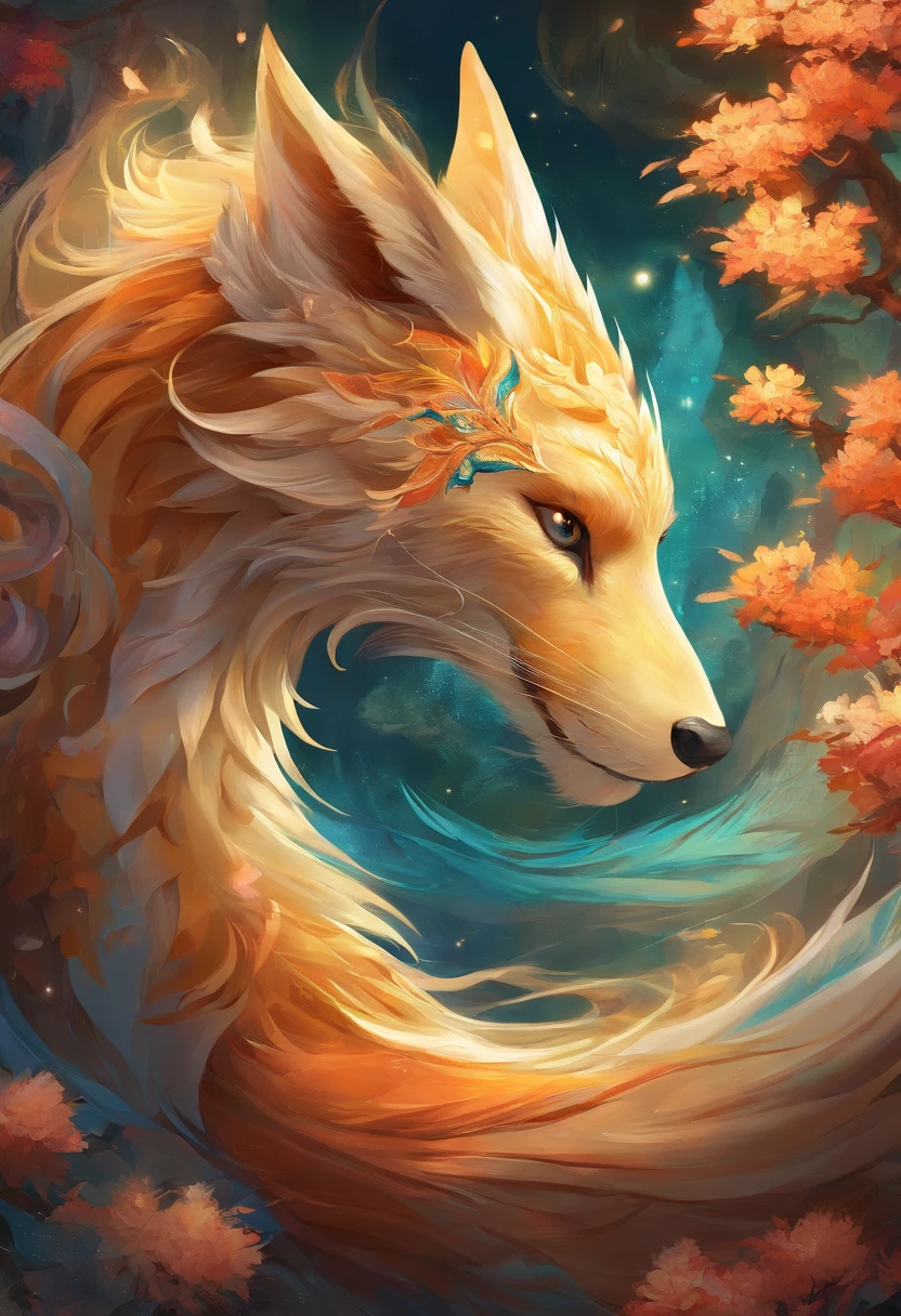 mythological creatures,((The nine-tailed fox in Chinese mythology)),Traditional Chinese elements,Ancient murals,Illustrative myths,Fuyao Legend,Dappled light,Hazy haze,mystical aura,tmasterpiece,k hd,Rich in color,Detailed details,Seven colors