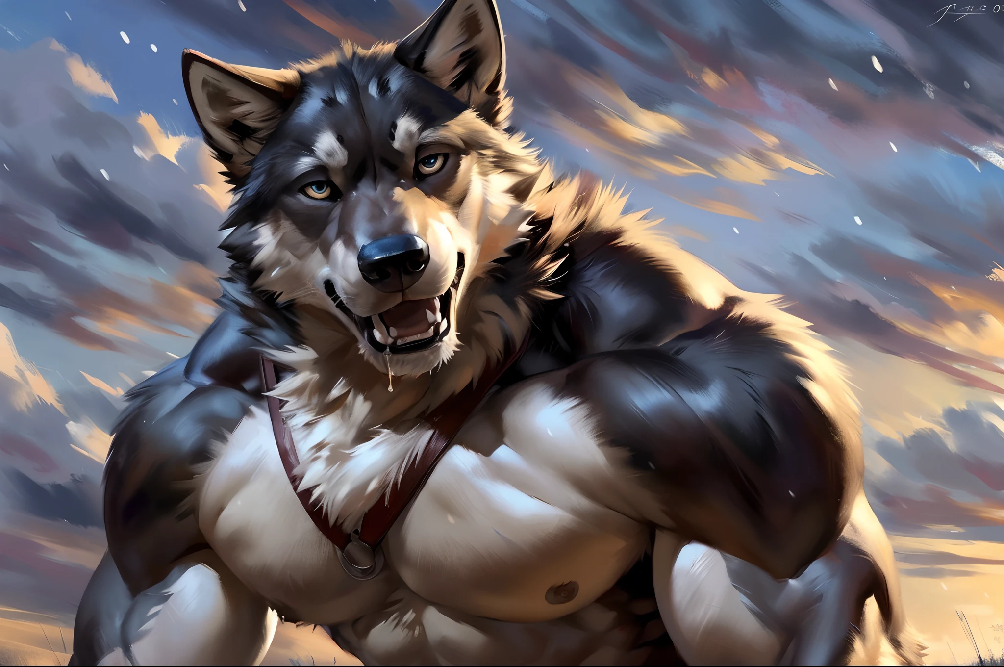 muscular feral:1.2 wolf, posing for the camera. 4k, high resolution, best quality, perfect colors, perfect shadows, perfect lighting, posted on e621, furry body, feral wolf, quadruped:1 wolf, solo, male, adult, masculine, (muscular, dense build:1.4, muscular shoulders, strong pecs), correct anatomy, (photorealistic fur, detailed fur, epic, masterpiece:1.2), (detailed winter background, snowing, cloudy sky, sunset), sexy shadows, (by echin, by Taran Fiddler, by takemoto arashi, by Traver009, by Juiceps), (detailed eyes:1.2), impressive physique, tired pose, struggling, effort pose, bothered face, exhausted, detailed eyes, looking at camera, (close-up):1, open mouth, thick drooling:1.4, (low-angle shot):1