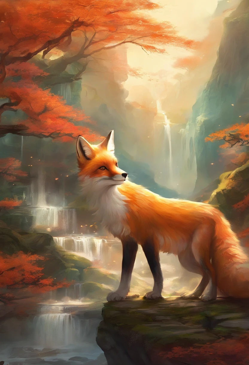 mythological creatures,((A fox with nine tails)),Traditional Chinese elements,Ancient murals,Illustrative myths,Fuyao Legend,Dappled light,Hazy haze,mystical aura,tmasterpiece,k hd,Rich in color,Detailed details,Seven colors,Landscape waterfalls