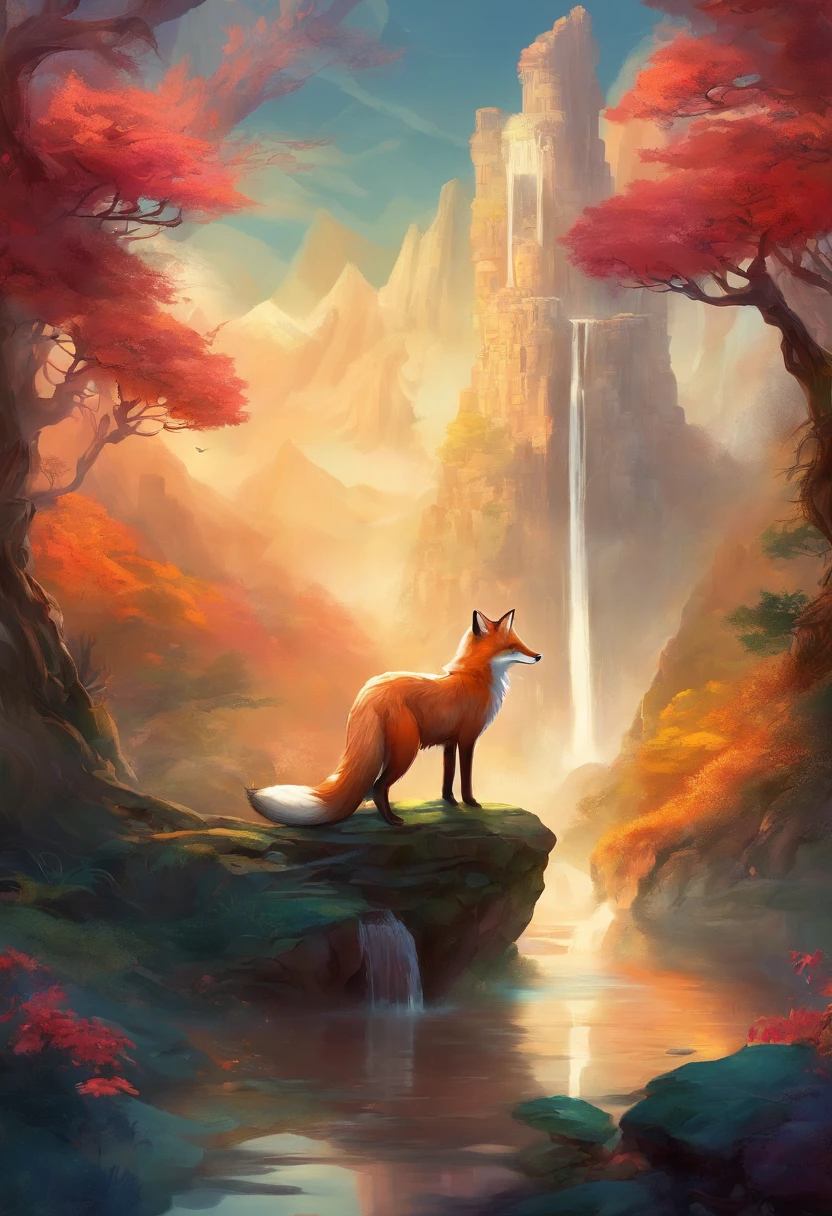 mythological creatures，（（A fox with nine tails）），Traditional Chinese elements，Ancient murals，Illustrative myths，Fuyao Legend，Dappled light，Hazy haze，mystical aura，tmasterpiece，k hd，Rich in color，Detailed details，Seven colors，Landscape waterfalls