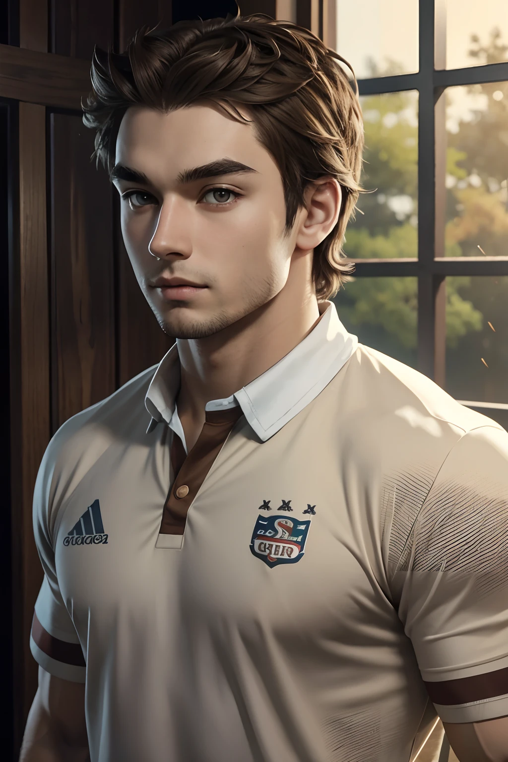 masterpiece, best quality, game cg, 1boy, solo, male focus, looking at viewer, upper body, , , brown hair, brown eyes, rugby shirt, , ,