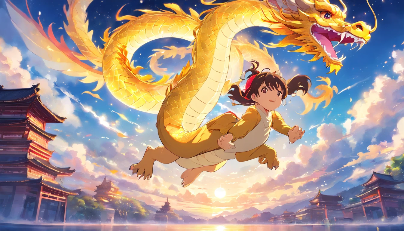 Cute golden Chinese dragon in the sky, Cloud, sol, vento, Ano novo lunar, flores da primavera, lanterna vermelha, fundo colorido, extremely high quality, Full-HD, happy dragon, 2023, 。.。...3d, (arte em papel, Arte em papel acolchoado, geometria), extremamente colorido, Beleza do anime, extremamente colorido, colorful illustrations, Aquarelas((master part))), illustration