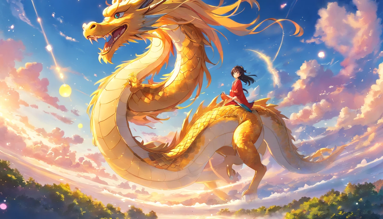 Cute golden Chinese dragon in the sky, Cloud, sol, vento, Ano novo lunar, flores da primavera, lanterna vermelha, fundo colorido, extremely high quality, Full-HD, happy dragon, 2023, 。.。...3d, (arte em papel, Arte em papel acolchoado, geometria), extremamente colorido, Beleza do anime, extremamente colorido, colorful illustrations, Aquarelas((master part))), illustration