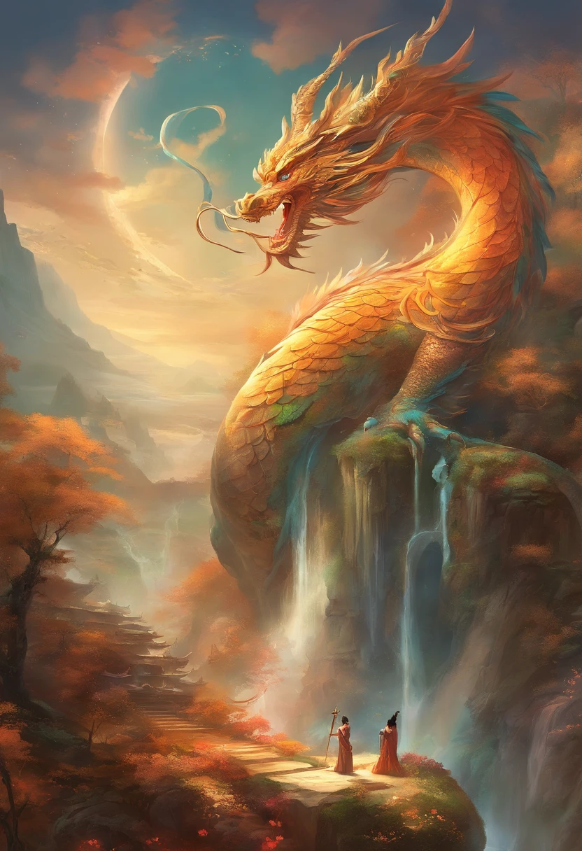 mythological creatures,((Chinese mythological dragon)),Traditional Chinese elements,Ancient murals,Illustrative myths,Fuyao Legend,Dappled light,Hazy haze,mystical aura,tmasterpiece,k hd,Rich in color,Detailed details,Seven colors