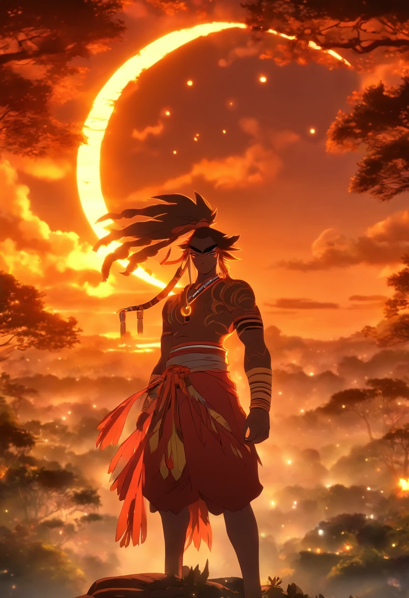 (((Abaangui))) best quality, ultra-high resolution, detailed CG in 4K, masterpiece, indigenous Xavante, indigenous mythology, native Brazilian, aesthetics, Amazon rainforest, ((crescent moon in the background)), beautiful image, screen-centered, full body