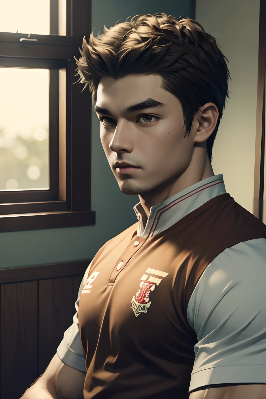 masterpiece, best quality, game cg, 1boy, solo, male focus, looking at viewer, upper body, , kensuke_ooshiba, brown hair, brown eyes, rugby shirt, , ,