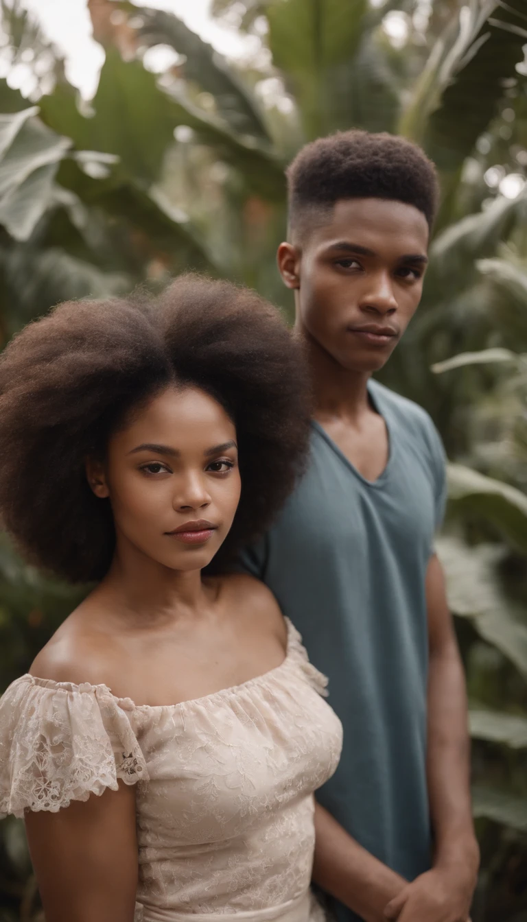 (Romantic Couple:1.2), Dark-skinned girl with curly hair, White Boy with brown hair