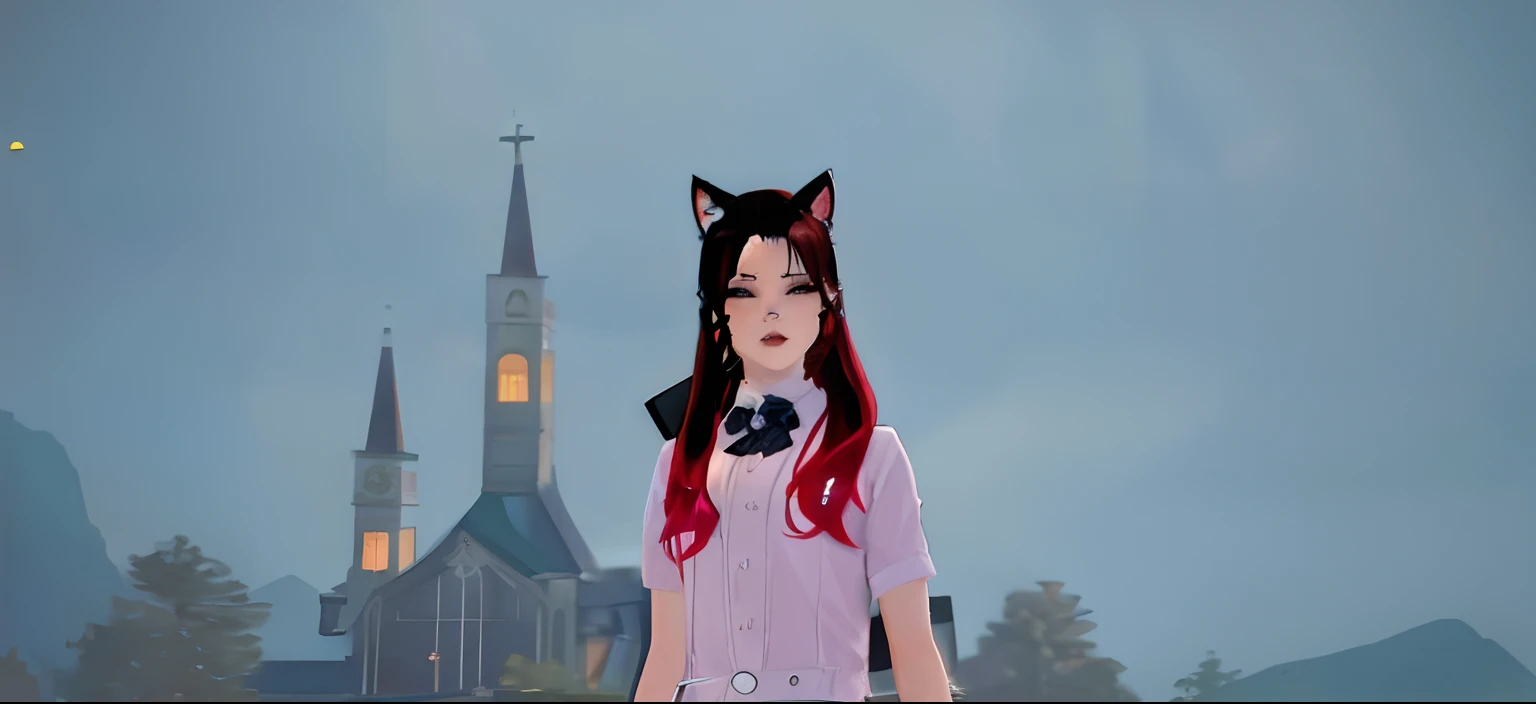 there is a woman with red hair and a cat ears standing in front of a church, girl with cat ears, inspired by Sim Sa-jeong, beautiful young catgirl, woman with cat ears, cat ears, cat ears on her head, anime girl with cat ears, inspired by Lü Ji, portrait of a goth catgirl, realistic schoolgirl