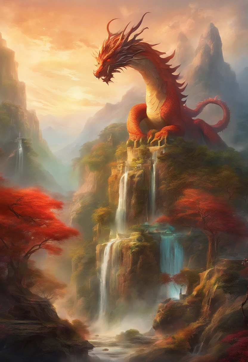 mythological creatures,((Dragons in Chinese mythology)),Traditional Chinese elements,Ancient murals,Illustrative myths,Fuyao Legend,Dappled light,Hazy haze,mystical aura,tmasterpiece,k hd,Rich in color,Detailed details,Seven colors,Landscape waterfall