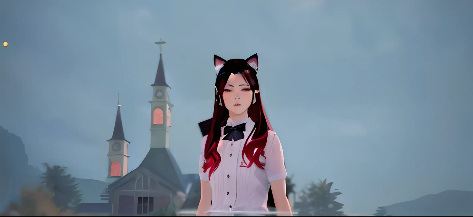 there is a woman with red hair and a cat ears standing in front of a church, girl with cat ears, inspired by Sim Sa-jeong, beautiful young catgirl, woman with cat ears, cat ears, cat ears on her head, anime girl with cat ears, inspired by Lü Ji, portrait of a goth catgirl, realistic schoolgirl