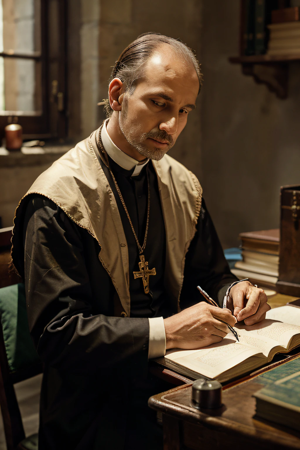 create image of St. Alphonsus Maria de Liguori having around his neck a chain with the cruxsifix holding a quill pen sitting at a desk in a monastery