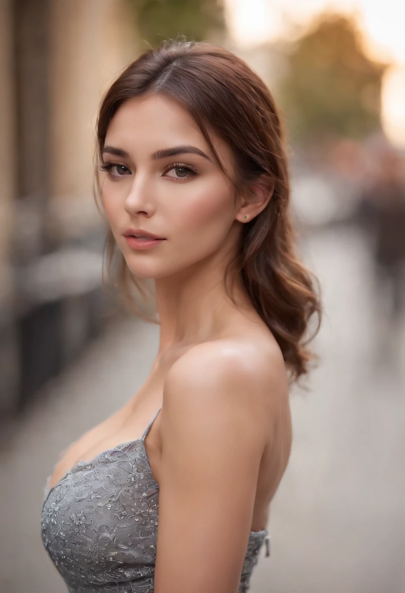 ((Best quality, 8k, Masterpiece: 1.3)), Sharp focus: 1.2, A beautiful (European) woman with perfect body: 1.4, goddess: 1.2, ((Layered haircut, Large breasts: 1.2)), (no bra) (Small and beautiful hard nipple) (Thin and damp button up to shirt length: 1.1), Highly detailed face and skin texture, Detailed eyes, Double eyelid, tanned skin, sexy, tan, perfect skin, exposed shoulders, cleavage, on the street