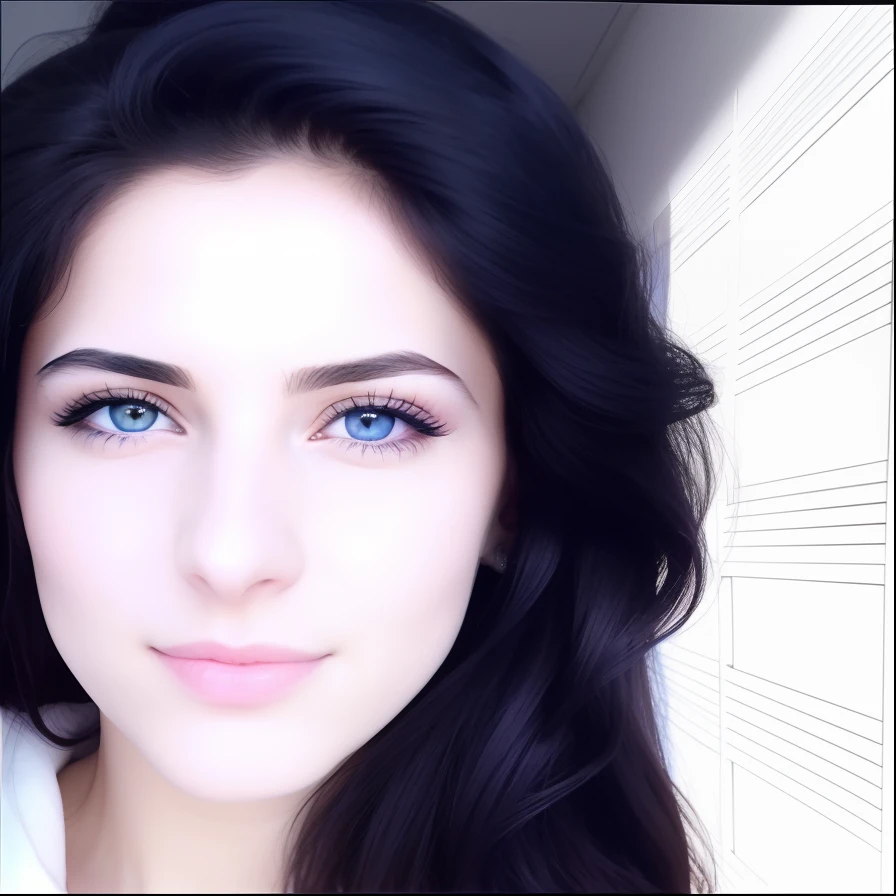 Il y a une femme avec de longs cheveux noirs et des yeux bleus, Blue symmetrical eyes 24 years old, Femme de 30 ans, 3 0 ans femme, Image de profil, 30-year-old french woman, Min, sans maquillage, selfie of a young woman, Ekaterina, Persian girl with pale skin, Front camera, leaked image, dans le ciel