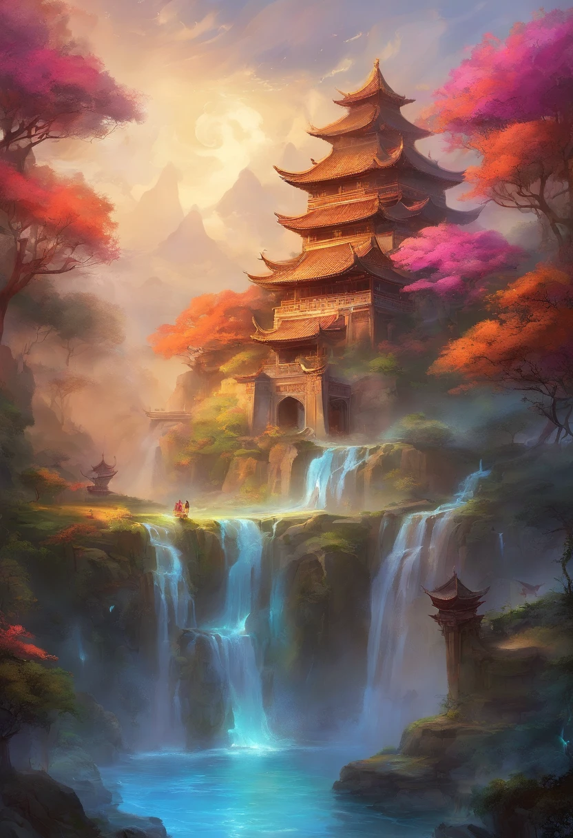 mythological creatures，（（Dragons in Chinese mythology）），Traditional Chinese elements，Ancient murals，Illustrative myths，Fuyao Legend，Dappled light，Hazy haze，mystical aura，tmasterpiece，k hd，Rich in color，Detailed details，Seven colors，Landscape waterfall