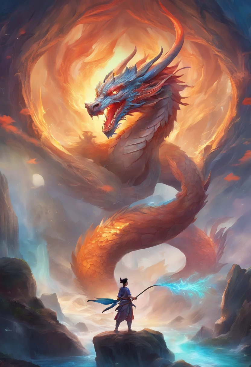 mythological creatures,((Dragons in Chinese mythology)),Traditional Chinese elements,Ancient murals,Illustrative myths,Fuyao Legend,Dappled light,Hazy haze,mystical aura,tmasterpiece,k hd,Rich in color,Detailed details,Seven colors,Landscape waterfall