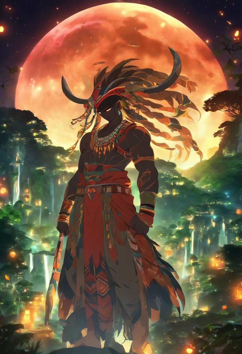 (((Abaangui))) best quality, ultra-high resolution, detailed CG in 4K, masterpiece, man, Xavante indigenous, crescent moon. indigenous mythology, native Brazilian, aesthetics, Amazon rainforest, ((crescent moon in the background)), beautiful image, centered on the screen, full body