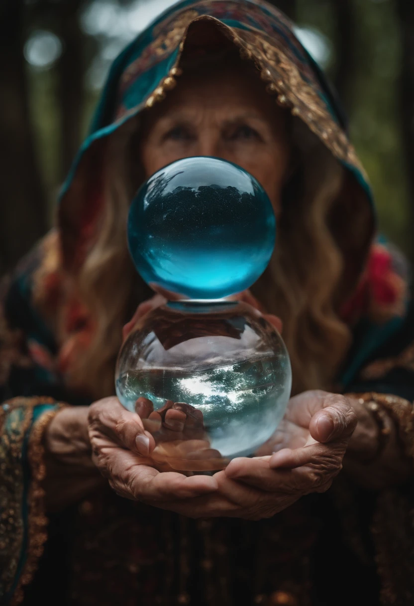 Elderly Psychic With Crystal Ball With Crystal Ball Looking Ahead
