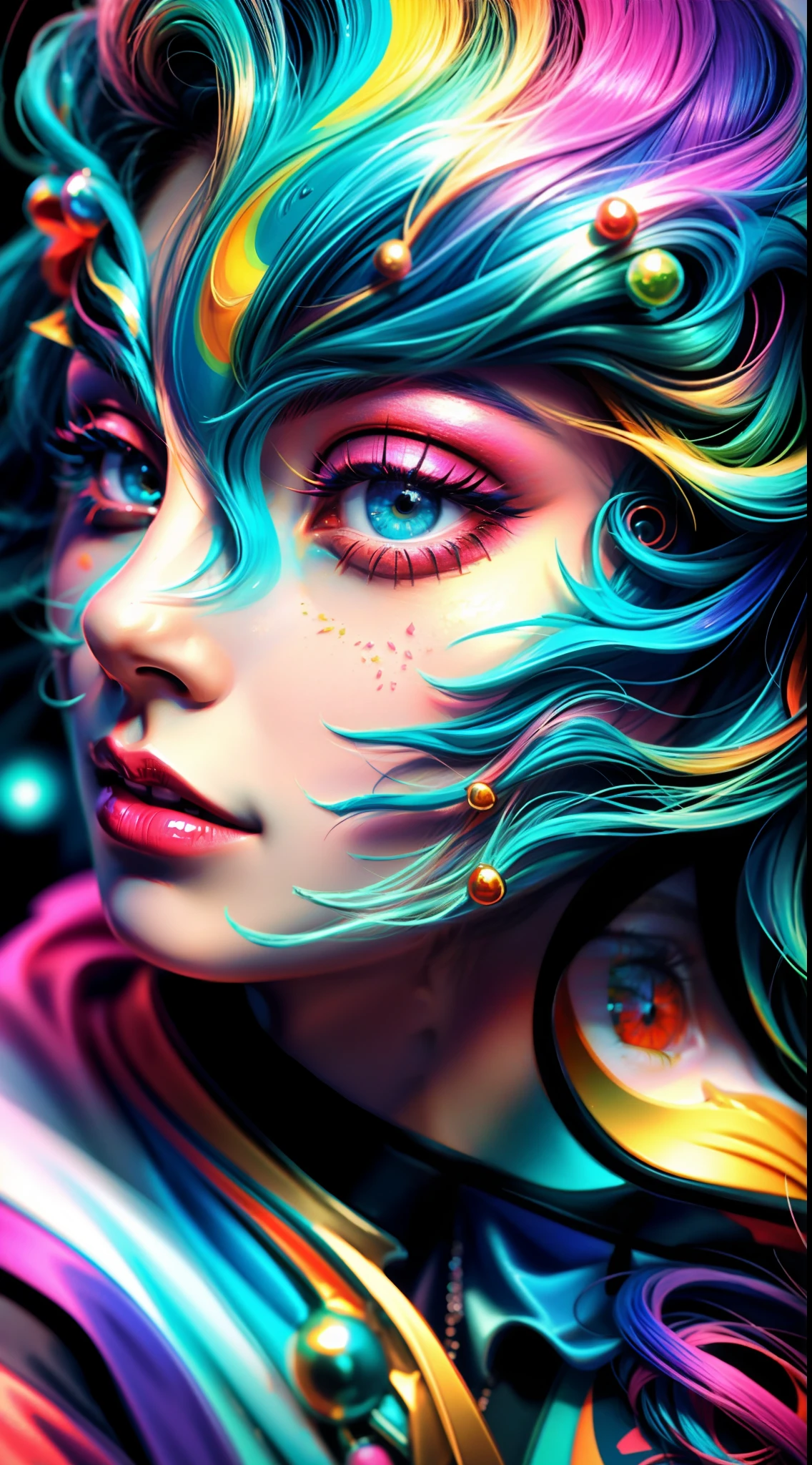 um close up do rosto de uma mulher com cabelo colorido, arte de fantasia digital colorida, Arte digital altamente detalhada em 4k, Arte digital detalhada em 4k, 3d arte digital 4k, airbrush digital art, pintura detalhada 4K, Arte colorida, lindo arte digital, arte colorida bonita!, arte detalhada em cores, Arte 3D digital detalhada, arte digital 4k