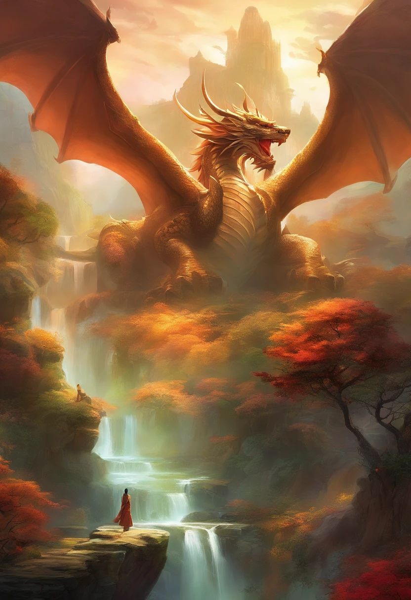 mythological creatures,((Dragons in Chinese mythology)),Traditional Chinese elements,Ancient murals,Illustrative myths,Fuyao Legend,Dappled light,Hazy haze,mystical aura,tmasterpiece,k hd,Rich in color,Detailed details,Seven colors,Landscape waterfall