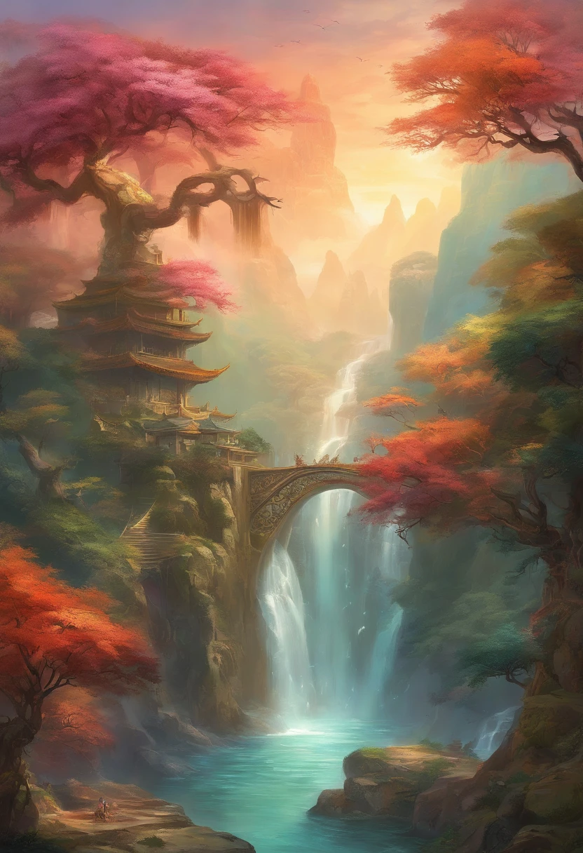 mythological creatures,((Dragons in Chinese mythology)),Traditional Chinese elements,Ancient murals,Illustrative myths,Fuyao Legend,Dappled light,Hazy haze,mystical aura,tmasterpiece,k hd,Rich in color,Detailed details,Seven colors,Landscape waterfall