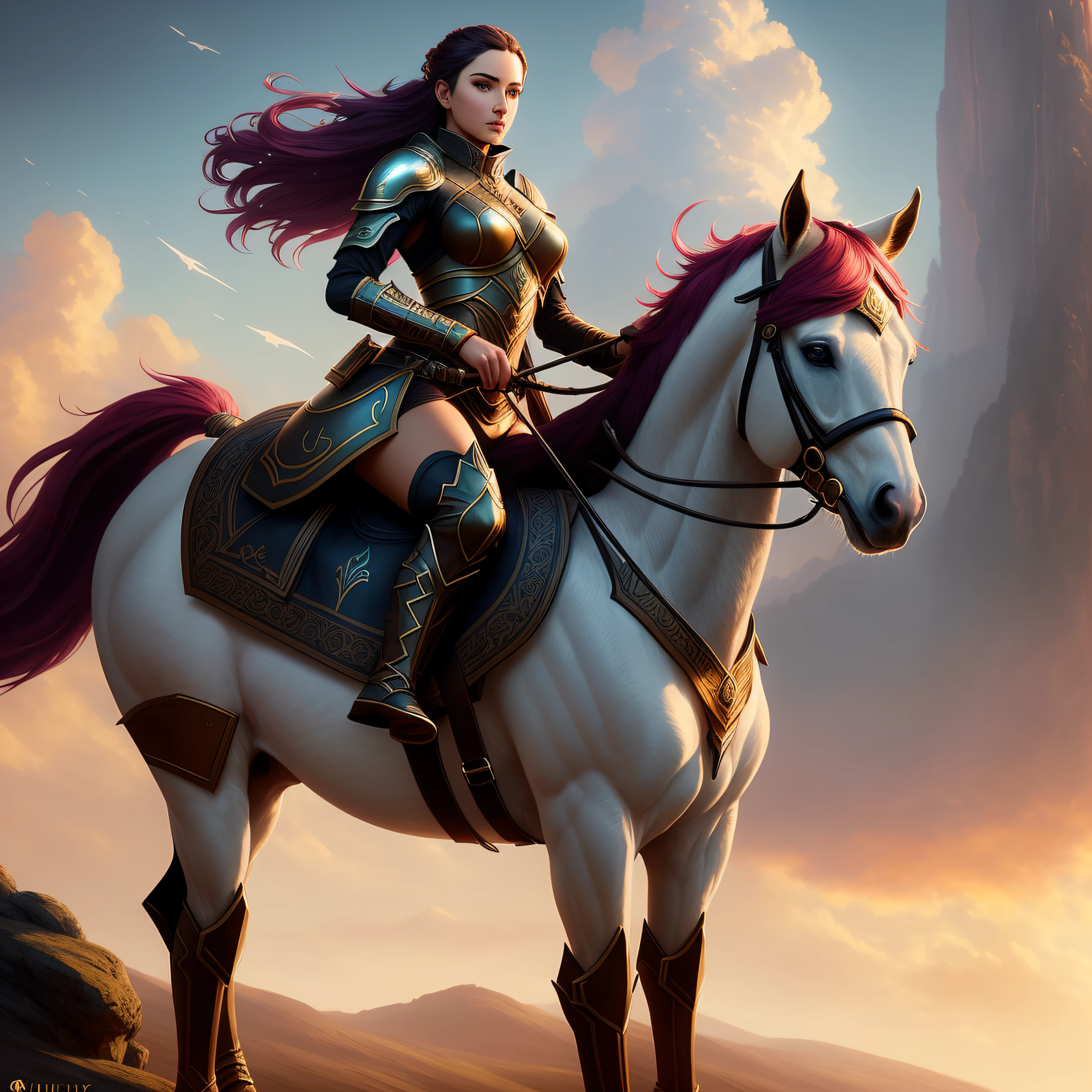 There's a woman riding a horse on a cloudy day, Wojtek FUS, epic exquisite character art, arte de personagem impressionante, epic fantasy art portrait, Artgerm Julie Bell Beeple, retrato de arte conceito de fantasia, de uma bela cavaleiro feminina, Vencedor do concurso Artstation, fantasy genre portrait, cavaleiro feminino bonito, Arte de fantasia 4k, epic fantasy character art, realista