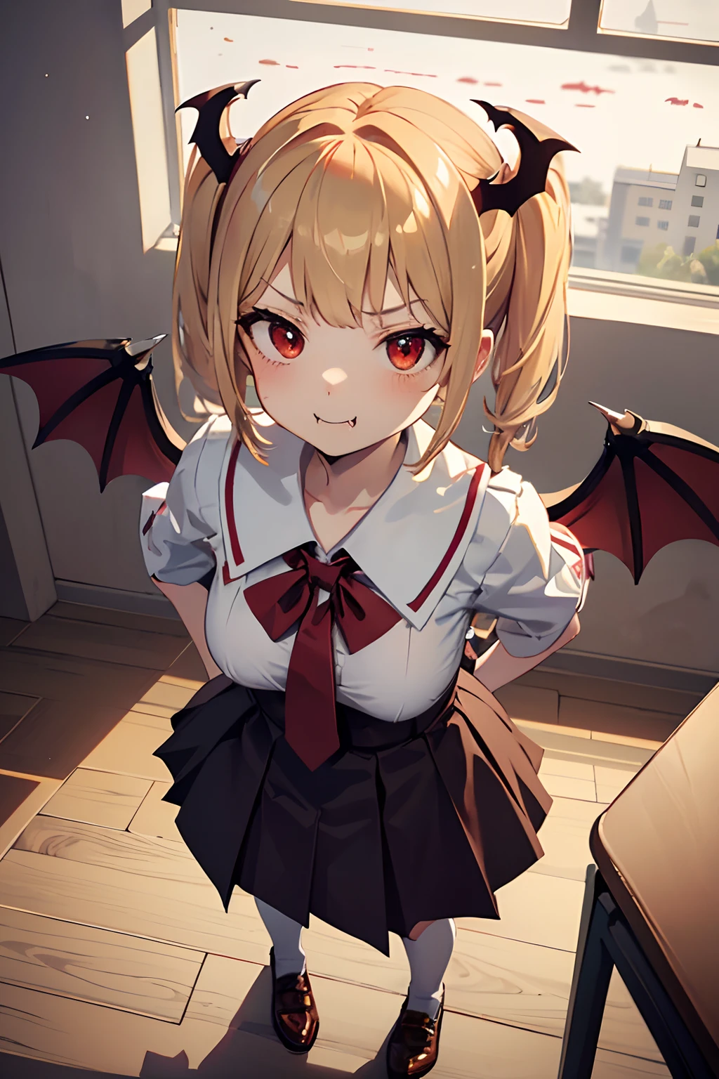 (simplistic),full body view,intricate details,(best quality),(masterpiece:1.2),(detailed:1.2),(sharp focus), blonde short hair in twintails, anime girl, vampire, vampire girl, big boobs school clothes, high school uniform, cute face, pale skin, red eyes, silly looking, silly face, ((school classroom background)), navy skirt, red tie, white social shirt, small red horns, (((pov from above))), (((small vampire wings on rear area))), fang poking out, ((night)), ((dark sky)), ((moonlight filtering through the window)), ((((fangs popping out of mouth))))