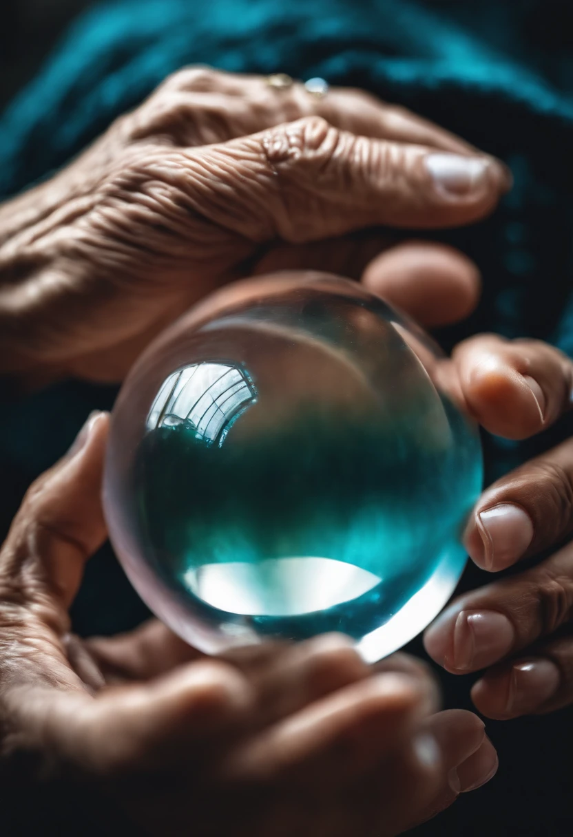 Elderly psychic with crystal ball with crystal ball looking forward