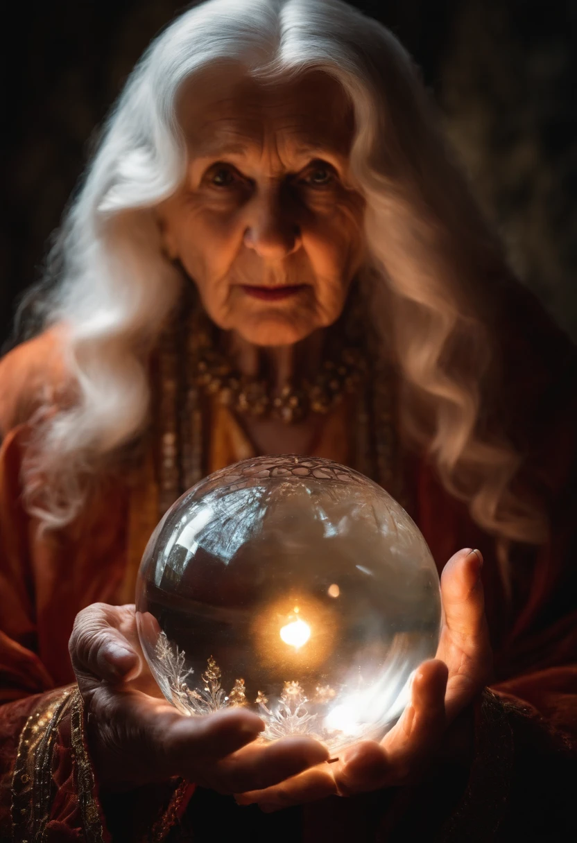 Elderly psychic with crystal ball with crystal ball looking forward