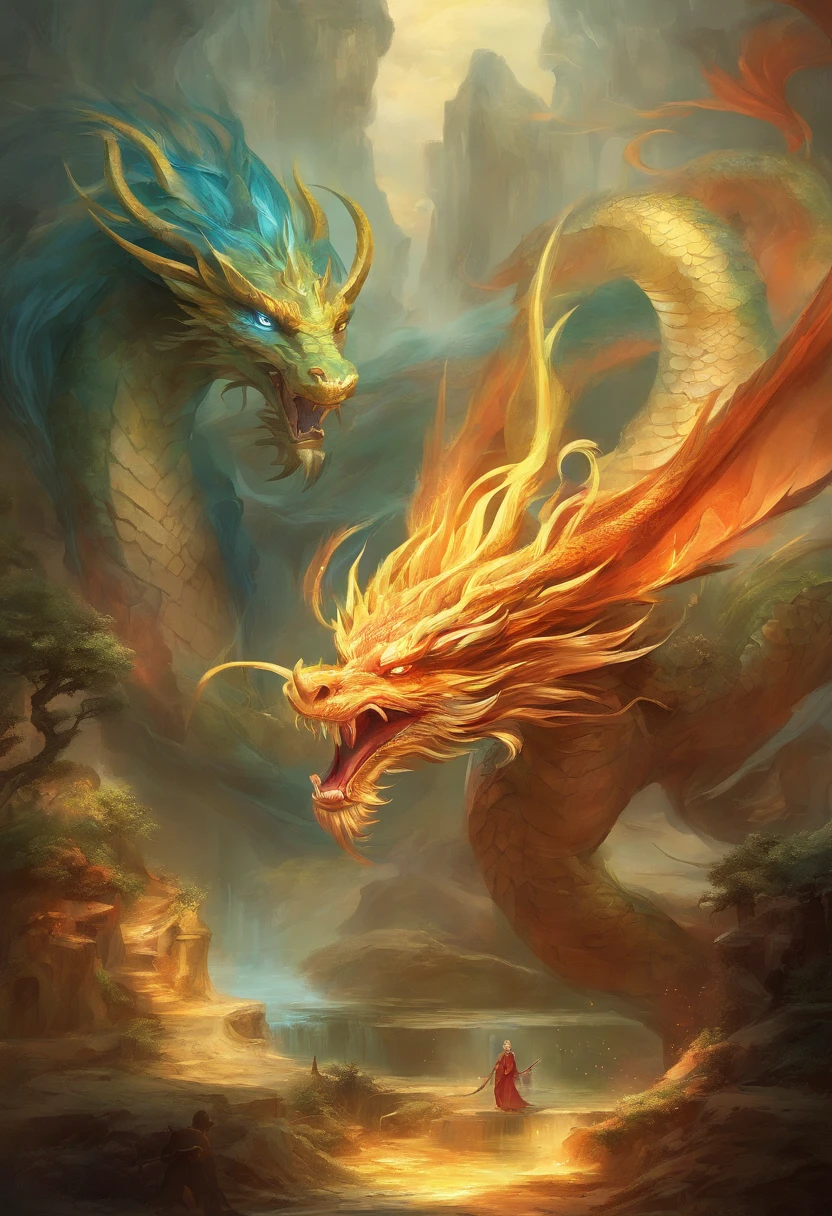 mythological creatures,((Chinese mythological dragon)),Traditional Chinese elements,Ancient murals,Illustrative myths,Fuyao Legend,Dappled light,Hazy haze,mystical aura,tmasterpiece,k hd,Rich in color,Detailed details,Seven colors