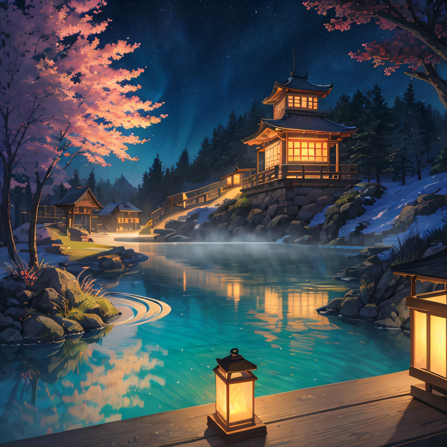 No Man, Hot Springs, Heat, Water Vapor, Night, Castle, shrine, lanterns, (Illustration: 1.0), Epic Composition, Realistic Lighting, HD Details, Masterpiece, Northern Lights, Best Quality, (Very Detailed CG Unified 8k Wallpaper)