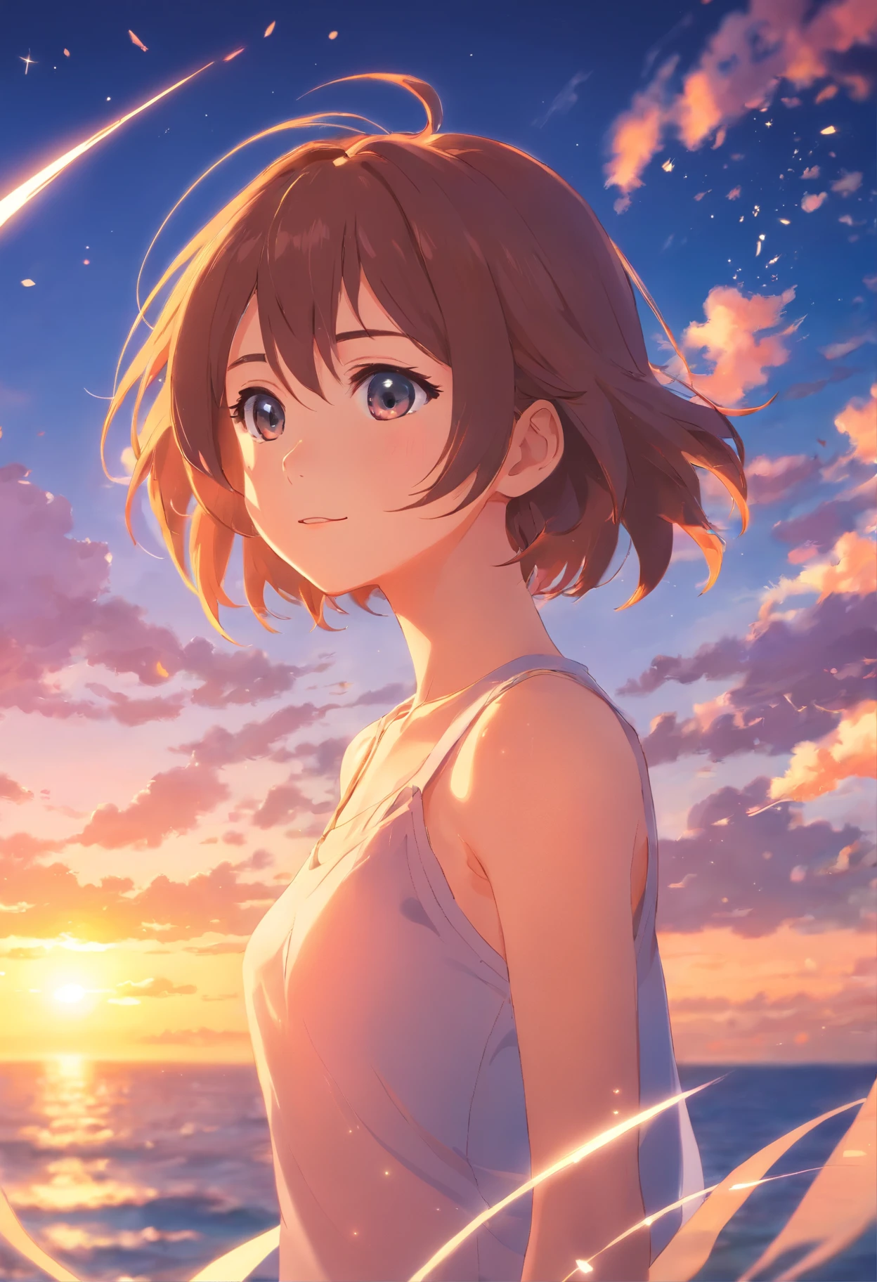 obra-prima, melhor qualidade, filme ainda, 1girl, garota nuvem, floating into the sky, close-up, brilhante, feliz, Soft lighting and Warm, sun sunset, (Sparks: 0,7), peitos, tits, pussy, nude