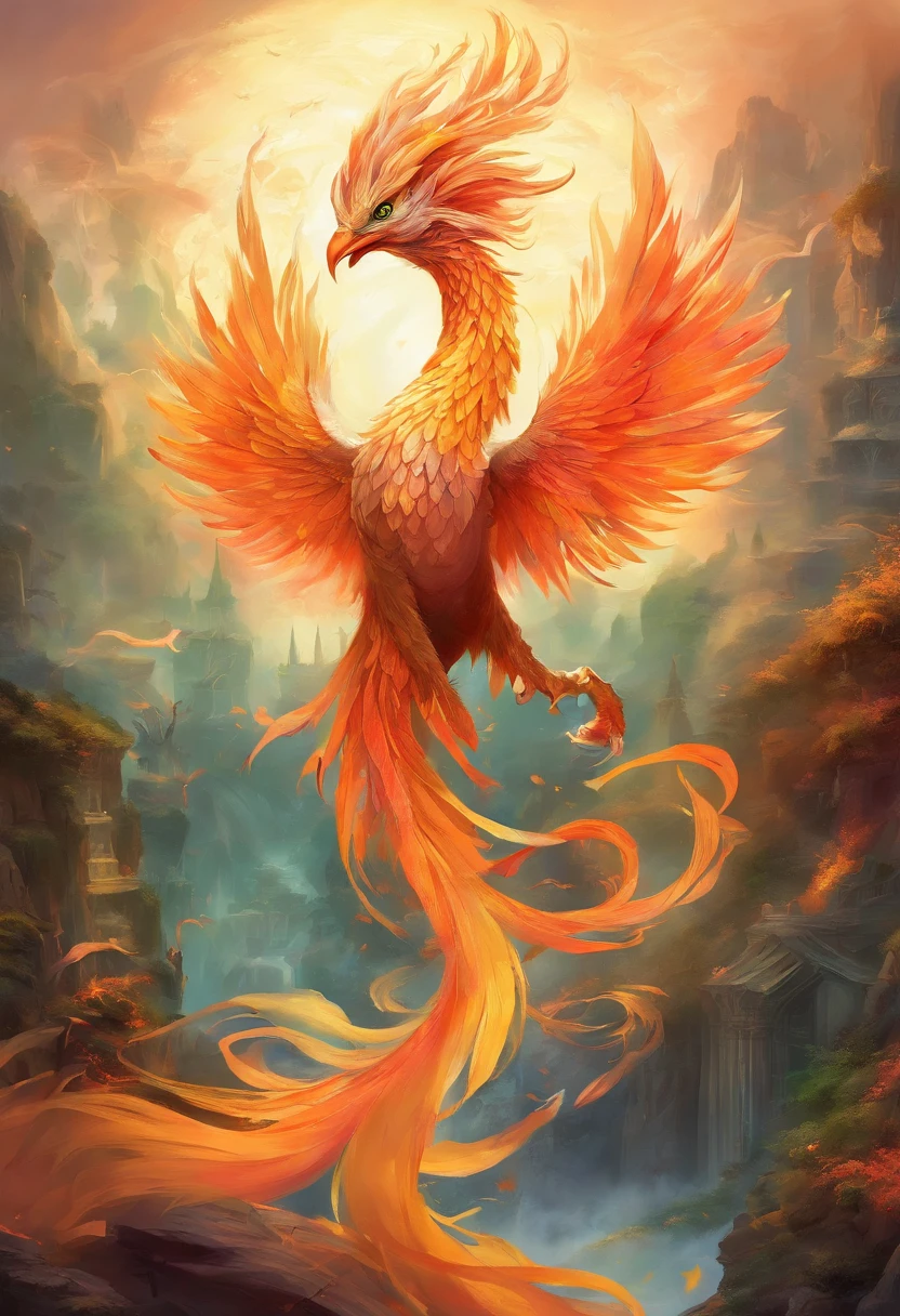 mythological creatures，（（Chinese mythology fire phoenix）），Traditional Chinese elements，Ancient murals，Illustrative myths，Fuyao Legend，Dappled light，Hazy haze，mystical aura，tmasterpiece，k hd，Rich in color，Detailed details，Seven colors