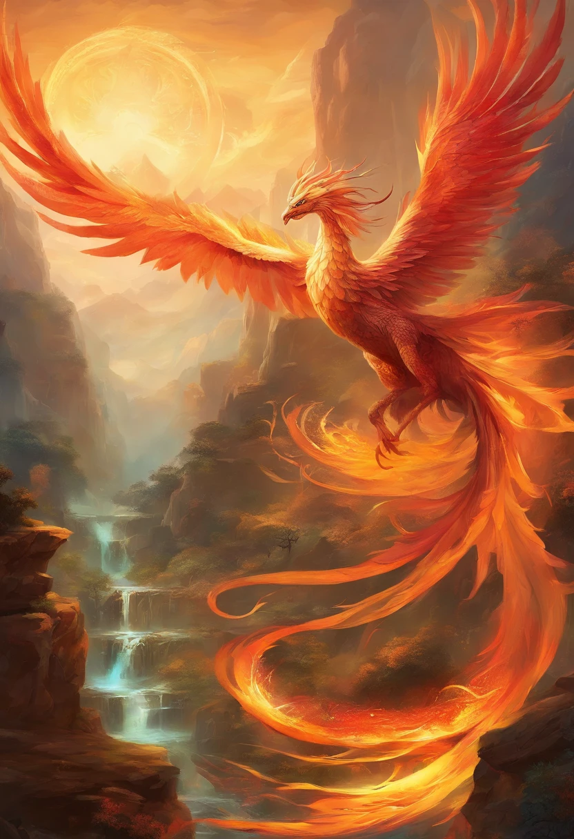 mythological creatures，（（Chinese mythology fire phoenix）），Traditional Chinese elements，Ancient murals，Illustrative myths，Fuyao Legend，Dappled light，Hazy haze，mystical aura，tmasterpiece，k hd，Rich in color，Detailed details，Seven colors