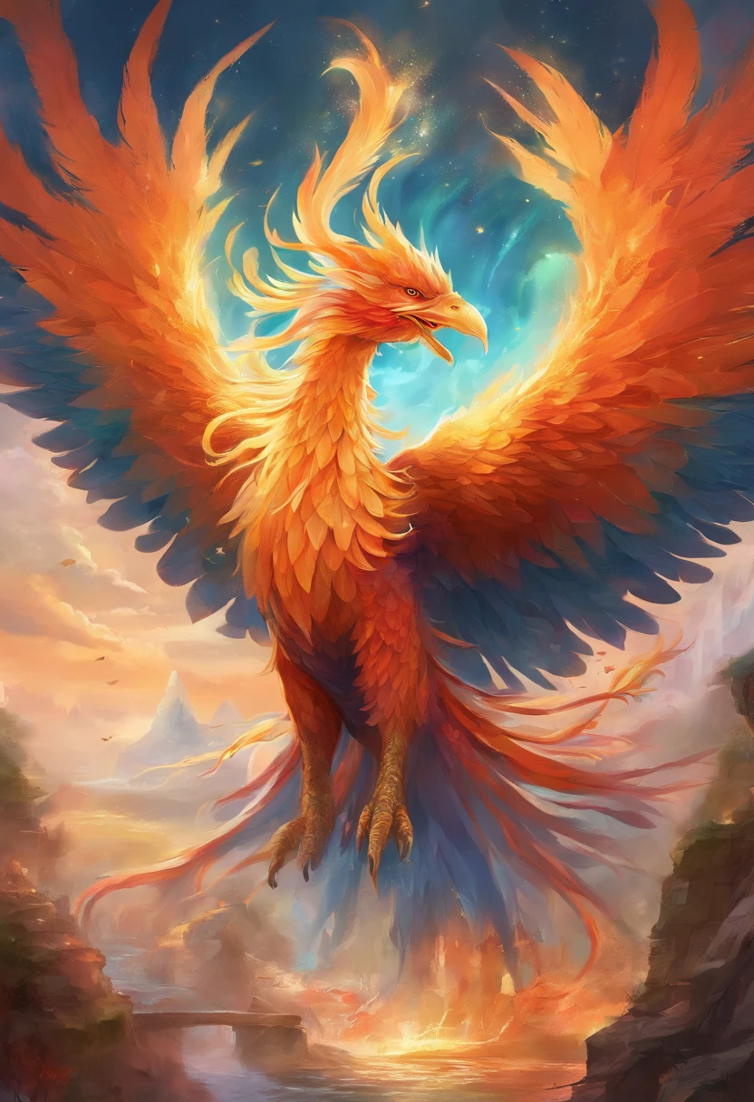mythological creatures,((Chinese mythology fire phoenix)),Traditional Chinese elements,Ancient murals,Illustrative myths,Fuyao Legend,Dappled light,Hazy haze,mystical aura,tmasterpiece,k hd,Rich in color,Detailed details,Seven colors