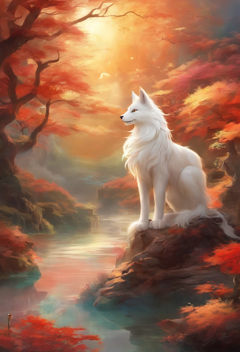 mythological creatures,((The nine-tailed fox in Chinese mythology)),Traditional Chinese elements,Ancient murals,Illustrative myths,Fuyao Legend,Dappled light,Hazy haze,mystical aura,tmasterpiece,k hd,Rich in color,Detailed details,Seven colors