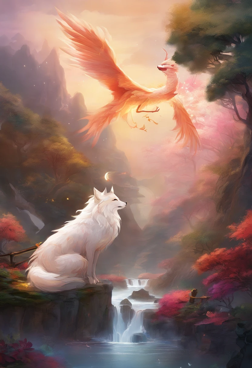 mythological creatures,((The nine-tailed fox in Chinese mythology)),Traditional Chinese elements,Ancient murals,Illustrative myths,Fuyao Legend,Dappled light,Hazy haze,mystical aura,tmasterpiece,k hd,Rich in color,Detailed details,Seven colors