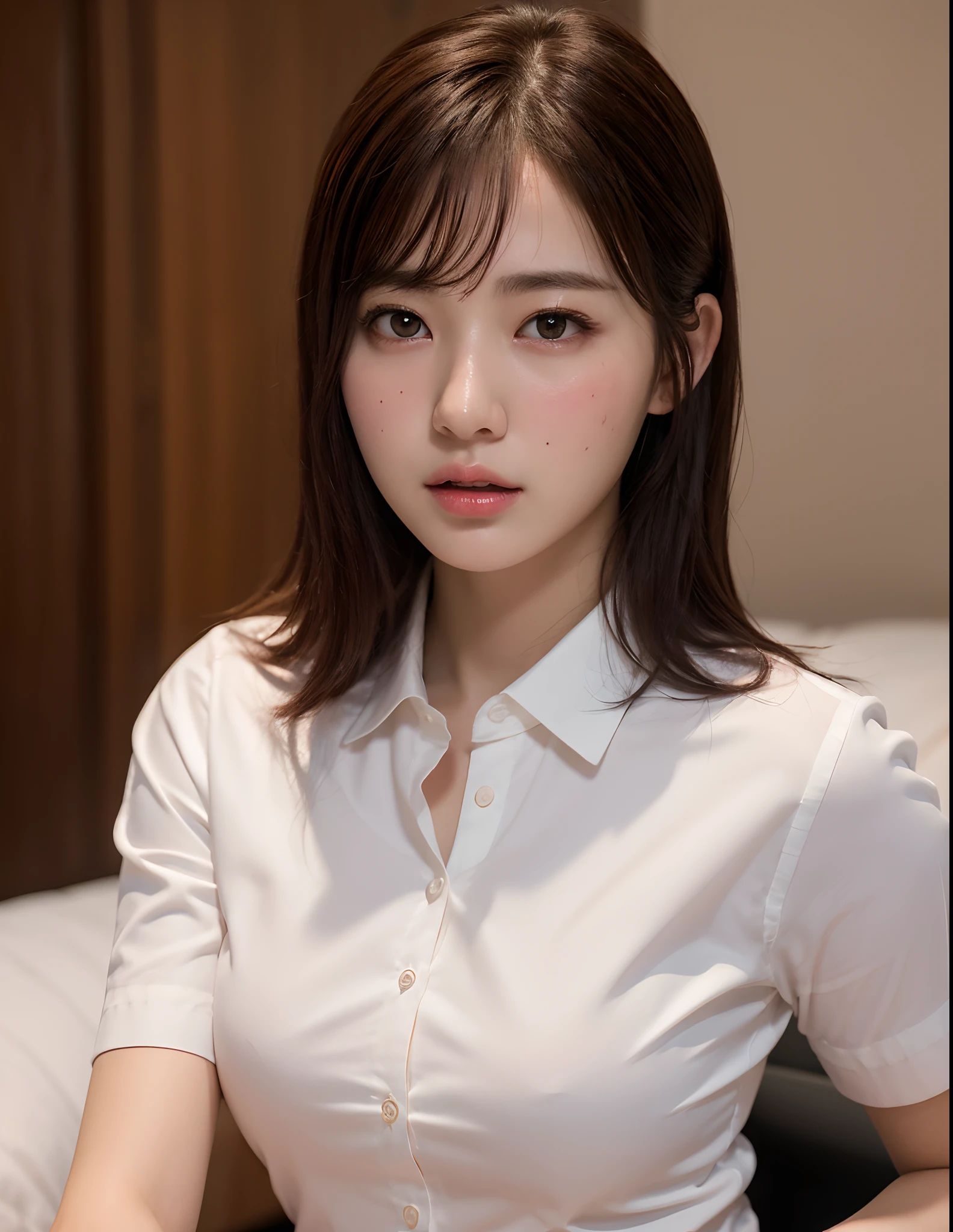 Highly detailed CG Unity 8k wallpaper, of the highest quality, super detailed, masutepiece, Realistic, photographrealistic, extremely detailed cute girl, 25 years old, Round eyes, viewer, blush, Parted lips, Upper body , (get sweaty) , white business shirt , bed,