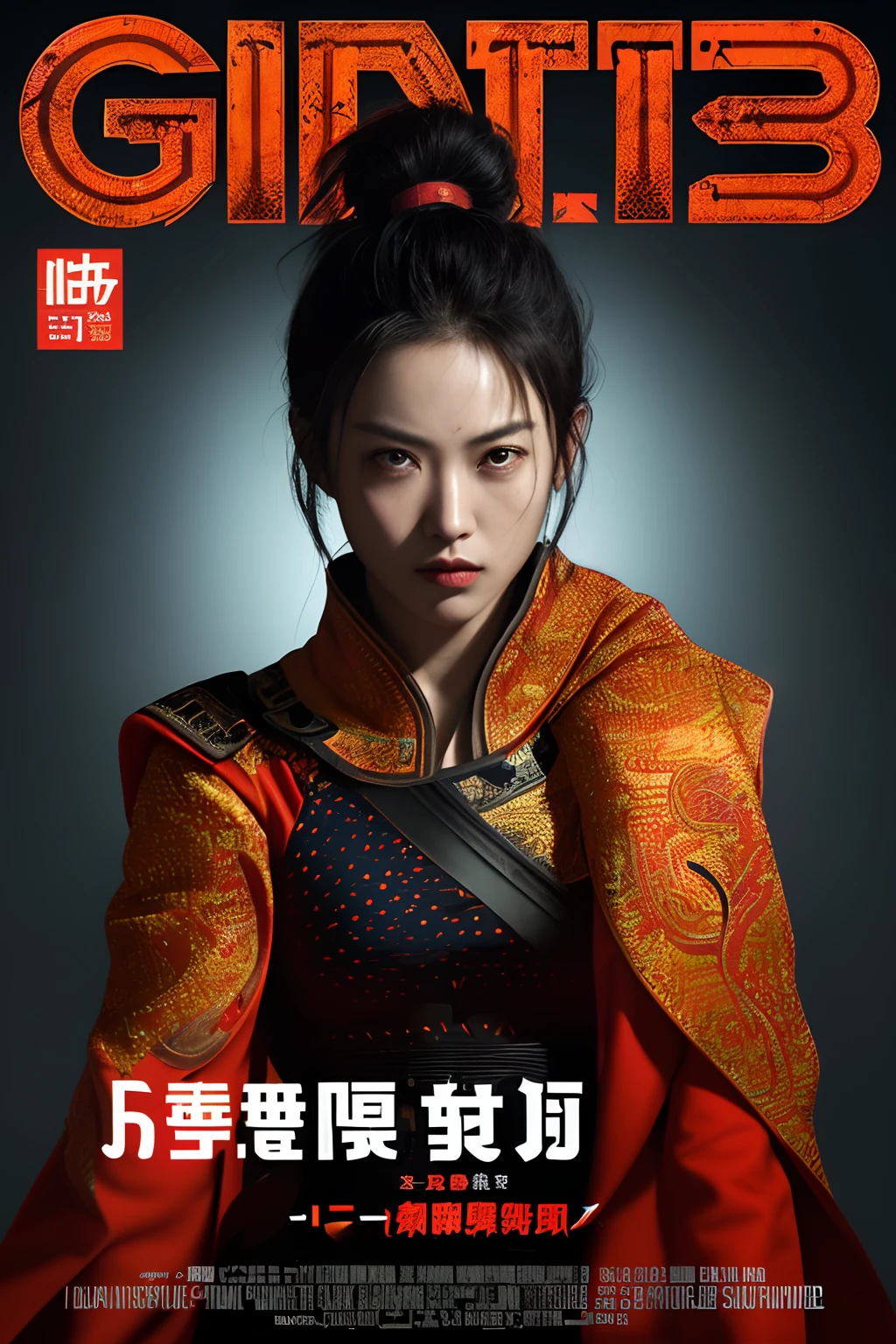 ((((Dramatic))), (((grittiness))), (((Intense))) The movie poster features a young woman as the central character。She stands confidently in the center of the poster，Wear Chinese warrior clothing，with a determined expression on her face。The background is dark and gritty，There is a sense of danger and a strong feeling。The text is bold and eye-catching，With catchy slogans，Adds to the overall drama and excitement，Dotted with bright colors，Make the poster dynamic and visually striking，tachi-e (Magazines:1.3), (Cover-style:1.3), Fashionab, woman, vibrant, Outfit, posing on a, Front,rich colourful，dyna，Background with，Chinese elements，self-assured，Expressing the，halter，statement，Attachment，A majestic，coil，Runt，Touching pubic area，Scenes，text，Cover of a，boldness，attention-grabbing，