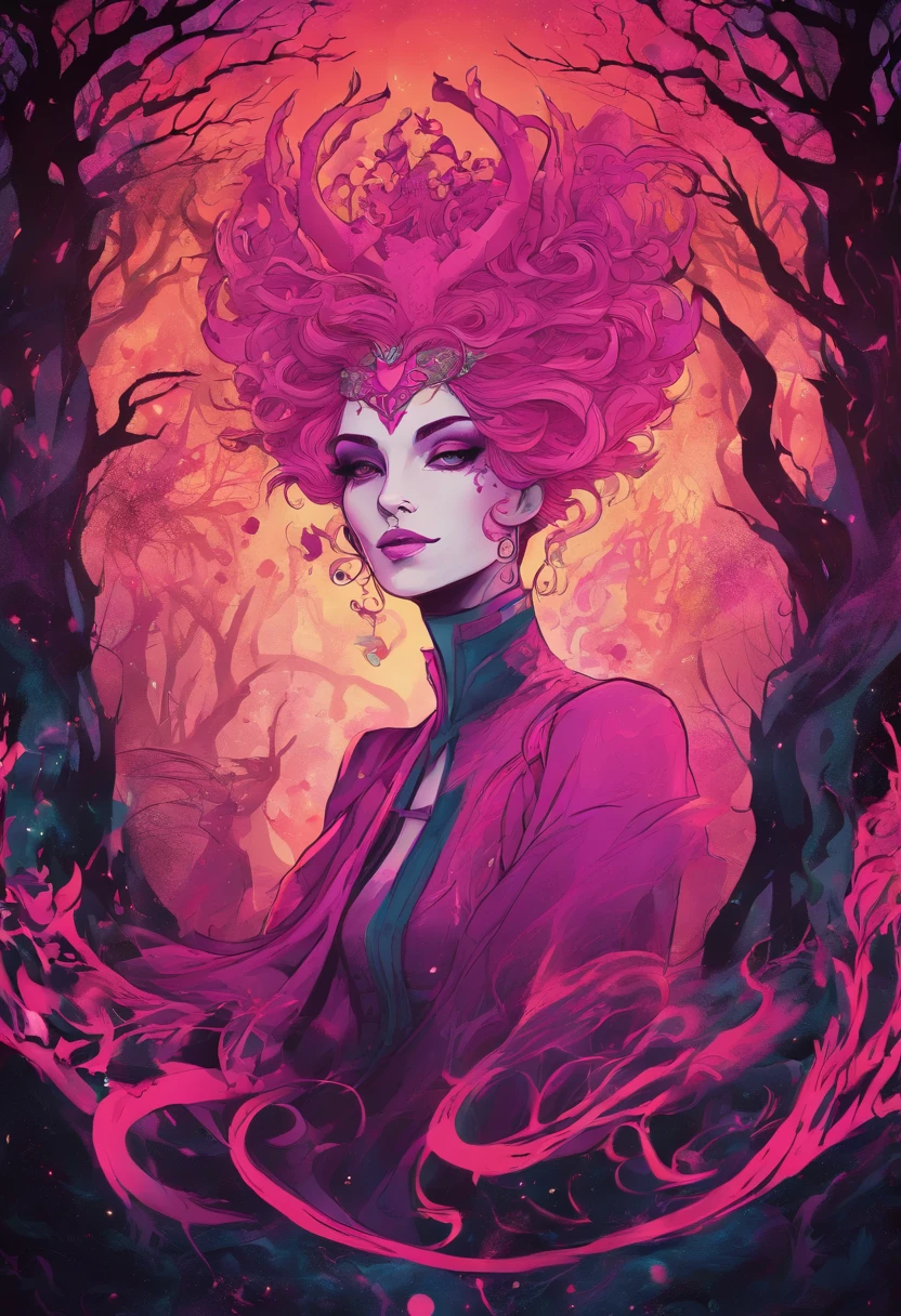 (a pink-haired demon woman,spells:1.1,glowing:1.1)(illustration)(best quality,ultra-detailed,realistic:1.37),demonic witch(demonic:1.1)(magic:1.1)(forest)(dark and mysterious,ominous atmosphere),casting powerful spells,creating magical energy(magic:1.1),vibrant pink hair(swirling pink hair)(flowing pink hair),horns(devil horns:1.1),piercing red eyes,enchanted scepter(magical scepter),elaborate dark robe,glowing magical sigils,fiery embers swirling(magical embers:1.1)(glowing embers),magical aura(glowing aura),eerie shadows,otherworldly presence(presence),sinister smile,nightfall in the background(dark night:1.1)(moonlit forest),lush and dense foliage(twisted trees)(mystical plants:1.1),mystical particles(swirling particles)(floating particles),ethereal glow(ethereal:1.1)(soft glow),faint moonlight breaking through the trees,haunting and captivating(scary atmosphere),bewitching beauty,wide range of colors(vivid colors)(contrasting colors),mystical realm,impressive details,dynamic composition,mesmerizing artwork,photorealistic style(picasso style),impressive shading and lighting,explosive energy,magical atmosphere(fantasy atmosphere),dreamlike scene