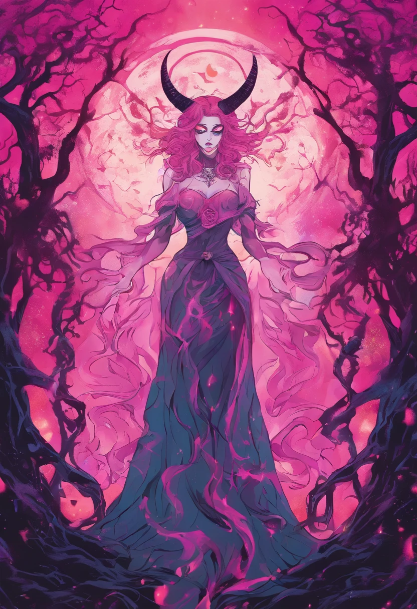 (a pink-haired demon woman,spells:1.1,glowing:1.1)(illustration)(best quality,ultra-detailed,realistic:1.37),demonic witch(demonic:1.1)(magic:1.1)(forest)(dark and mysterious,ominous atmosphere),casting powerful spells,creating magical energy(magic:1.1),vibrant pink hair(swirling pink hair)(flowing pink hair),horns(devil horns:1.1),piercing red eyes,enchanted scepter(magical scepter),elaborate dark robe,glowing magical sigils,fiery embers swirling(magical embers:1.1)(glowing embers),magical aura(glowing aura),eerie shadows,otherworldly presence(presence),sinister smile,nightfall in the background(dark night:1.1)(moonlit forest),lush and dense foliage(twisted trees)(mystical plants:1.1),mystical particles(swirling particles)(floating particles),ethereal glow(ethereal:1.1)(soft glow),faint moonlight breaking through the trees,haunting and captivating(scary atmosphere),bewitching beauty,wide range of colors(vivid colors)(contrasting colors),mystical realm,impressive details,dynamic composition,mesmerizing artwork,photorealistic style(picasso style),impressive shading and lighting,explosive energy,magical atmosphere(fantasy atmosphere),dreamlike scene