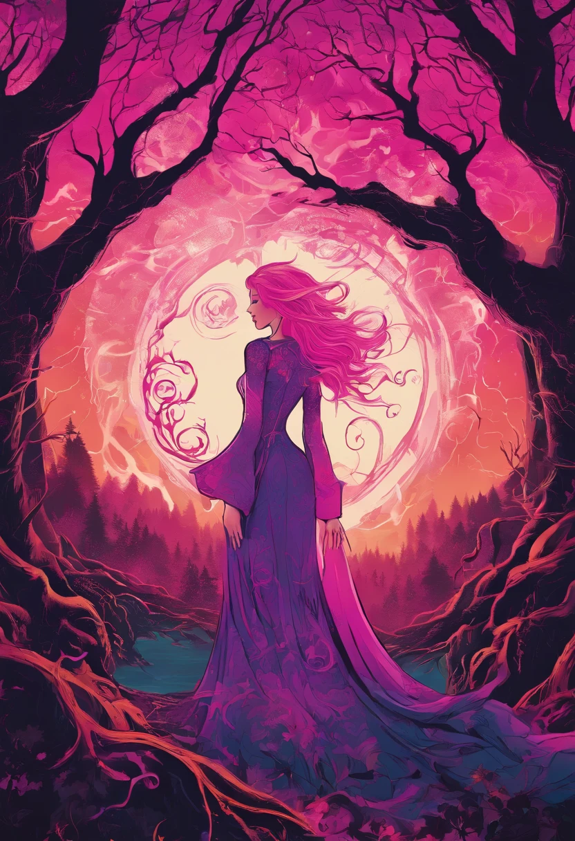 (a pink-haired demon woman,spells:1.1,glowing:1.1)(illustration)(best quality,ultra-detailed,realistic:1.37),demonic witch(demonic:1.1)(magic:1.1)(forest)(dark and mysterious,ominous atmosphere),casting powerful spells,creating magical energy(magic:1.1),vibrant pink hair(swirling pink hair)(flowing pink hair),horns(devil horns:1.1),piercing red eyes,enchanted scepter(magical scepter),elaborate dark robe,glowing magical sigils,fiery embers swirling(magical embers:1.1)(glowing embers),magical aura(glowing aura),eerie shadows,otherworldly presence(presence),sinister smile,nightfall in the background(dark night:1.1)(moonlit forest),lush and dense foliage(twisted trees)(mystical plants:1.1),mystical particles(swirling particles)(floating particles),ethereal glow(ethereal:1.1)(soft glow),faint moonlight breaking through the trees,haunting and captivating(scary atmosphere),bewitching beauty,wide range of colors(vivid colors)(contrasting colors),mystical realm,impressive details,dynamic composition,mesmerizing artwork,photorealistic style(picasso style),impressive shading and lighting,explosive energy,magical atmosphere(fantasy atmosphere),dreamlike scene